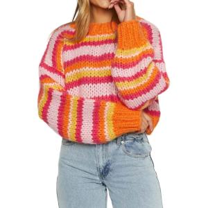 imageCHARTOU Womens Fall Cropped Sweater Chunky Knit Contrast Striped Winter Thick Sweater Pullover Cute TopsOrange