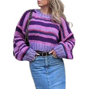 imageCHARTOU Womens Fall Cropped Sweater Chunky Knit Contrast Striped Winter Thick Sweater Pullover Cute TopsPurple