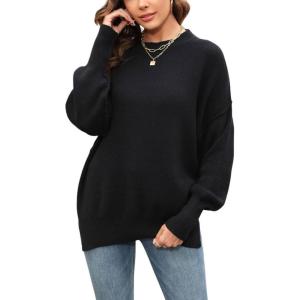 imageCHARTOU Womens Loose Fit Crew Neck Side Split HiLow Oversized Knit Pullover Sweater TopsBlack