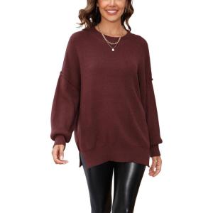 imageCHARTOU Womens Loose Fit Crew Neck Side Split HiLow Oversized Knit Pullover Sweater TopsBrown