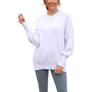imageCHARTOU Womens Loose Fit Crew Neck Side Split HiLow Oversized Knit Pullover Sweater TopsWhite
