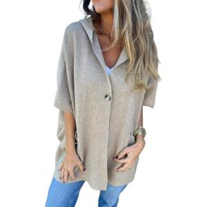 imageCHARTOU Womens Oversized Hooded Cape Jacket Short Sleeve Cardigan Coat One Piece Poncho Top with PocketsApricot