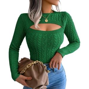imageCHARTOU Womens Sexy Cut Out Front Chunky Cable Knit Fitted Sweater TopsGreen