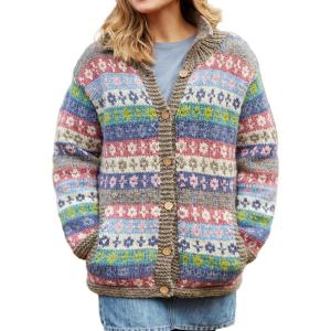 imageCHARTOU Womens Vintage Fair Isle Knit Cardigan Oversized Boho Floral Knitted Sweater Jacket with PocketsPink