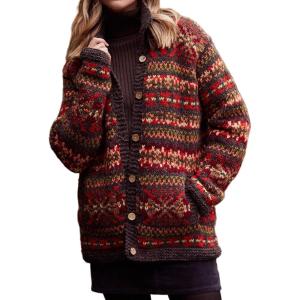 imageCHARTOU Womens Vintage Fair Isle Knit Cardigan Oversized Boho Floral Knitted Sweater Jacket with PocketsRed
