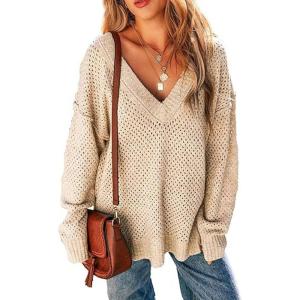 imageCHARTOU Womens Waffle Long Sleeve V Neck Knit Pullover Sweater Oversized Side Slit Cardigan Fall OutwearsBeige