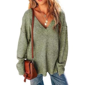 imageCHARTOU Womens Waffle Long Sleeve V Neck Knit Pullover Sweater Oversized Side Slit Cardigan Fall OutwearsGreen