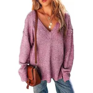 imageCHARTOU Womens Waffle Long Sleeve V Neck Knit Pullover Sweater Oversized Side Slit Cardigan Fall OutwearsPink