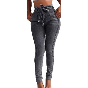 imageCHARTOU Womens Distressed High Rise Packaged Hip Skinny Jeans Denim Pants with BeltGrey