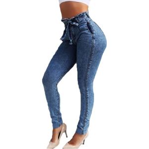 imageCHARTOU Womens Distressed High Rise Packaged Hip Skinny Jeans Denim Pants with BeltLight Blue