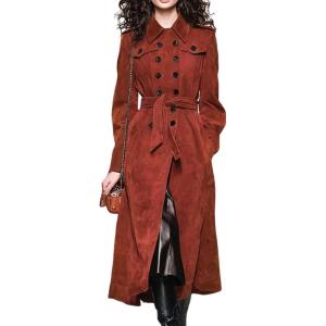 imageCHARTOU Faux Suede Jacket For Women Long Winter Coats Elegant Double Breast Trench Overcoat with BeltRed Brown