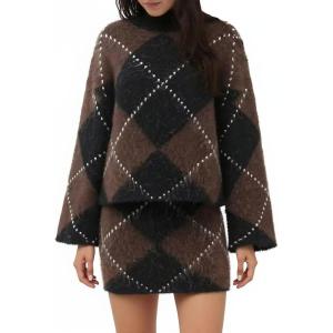 imageCHARTOU Women 2 Piece Sweater Skirt Sets Argyle Plaid Preppy Style Trendy Fall Sweater OutfitsBrown