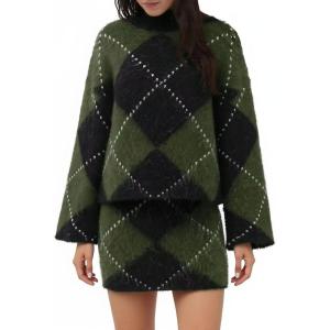 imageCHARTOU Women 2 Piece Sweater Skirt Sets Argyle Plaid Preppy Style Trendy Fall Sweater OutfitsGreen