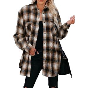 imageCHARTOU Women Oversized Plaid Button Down Shirt Long Sleeve Cowgirl Shirt Blouse ShacketBrown