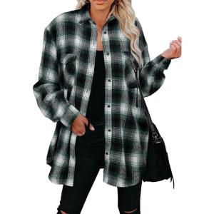 imageCHARTOU Women Oversized Plaid Button Down Shirt Long Sleeve Cowgirl Shirt Blouse ShacketGreen