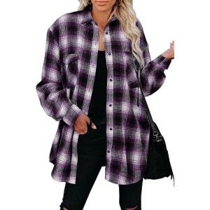 imageCHARTOU Women Oversized Plaid Button Down Shirt Long Sleeve Cowgirl Shirt Blouse ShacketPurple