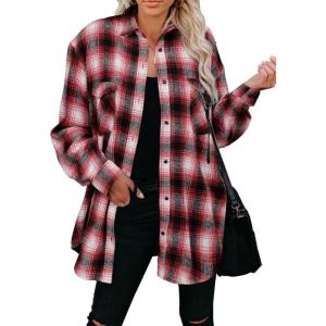 imageCHARTOU Women Oversized Plaid Button Down Shirt Long Sleeve Cowgirl Shirt Blouse ShacketRed