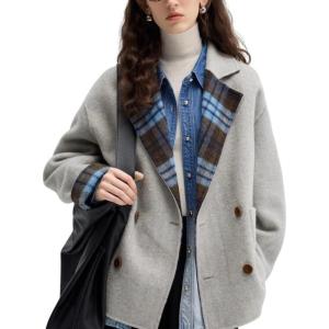 image:imageCHARTOU Women Winter Short Wool Pea Coat Reversible Plaid Notch Lapel Double Breasted Trench Overcoat JacketGrey