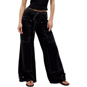 imageCHARTOU Women Cargo Wide Leg Jeans Baggy Elastic Mid Waist Patchwork Y2k Multi Pockets Loose Denim PantsBlack