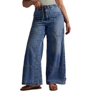 imageCHARTOU Women Cargo Wide Leg Jeans Baggy Elastic Mid Waist Patchwork Y2k Multi Pockets Loose Denim PantsDark Blue