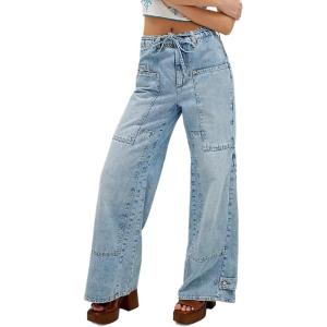 imageCHARTOU Women Cargo Wide Leg Jeans Baggy Elastic Mid Waist Patchwork Y2k Multi Pockets Loose Denim PantsLight Blue