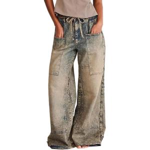 imageCHARTOU Women Cargo Wide Leg Jeans Baggy Elastic Mid Waist Patchwork Y2k Multi Pockets Loose Denim PantsRetro