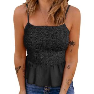 imageCHARTOU Womens Summer Spaghetti s Traps Elastic Shirred Ruffled Peplum Shirt Cami TopsBlack