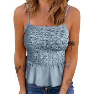 imageCHARTOU Womens Summer Spaghetti s Traps Elastic Shirred Ruffled Peplum Shirt Cami TopsBlue