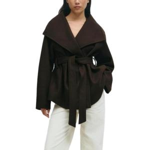 imageCHARTOU Women Wool Blend Pea Coat Fall Winter Oversized Lapel Shawl Collar Midi Trench Overcoat with BeltCoffee