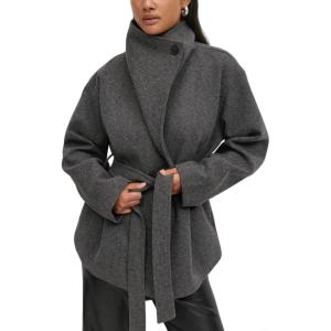 imageCHARTOU Women Wool Blend Pea Coat Fall Winter Oversized Lapel Shawl Collar Midi Trench Overcoat with BeltDark Grey