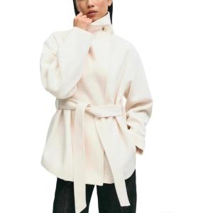 imageCHARTOU Women Wool Blend Pea Coat Fall Winter Oversized Lapel Shawl Collar Midi Trench Overcoat with BeltWhite