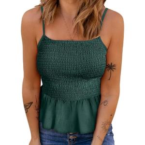 imageCHARTOU Womens Summer Spaghetti s Traps Elastic Shirred Ruffled Peplum Shirt Cami TopsGreen