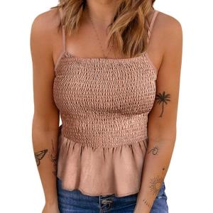 imageCHARTOU Womens Summer Spaghetti s Traps Elastic Shirred Ruffled Peplum Shirt Cami TopsPink