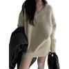 imageCHARTOU V Neck Knitted Sweater Skirt Sets Women 2 Piece Outfits Fuzzy Long Sleeve Pullover A Line Mini SkirtBeige