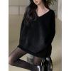 imageCHARTOU V Neck Knitted Sweater Skirt Sets Women 2 Piece Outfits Fuzzy Long Sleeve Pullover A Line Mini SkirtBlack