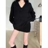 imageCHARTOU V Neck Knitted Sweater Skirt Sets Women 2 Piece Outfits Fuzzy Long Sleeve Pullover A Line Mini SkirtBlack