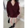 imageCHARTOU V Neck Knitted Sweater Skirt Sets Women 2 Piece Outfits Fuzzy Long Sleeve Pullover A Line Mini SkirtWine