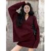 imageCHARTOU V Neck Knitted Sweater Skirt Sets Women 2 Piece Outfits Fuzzy Long Sleeve Pullover A Line Mini SkirtWine