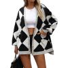imageCHARTOU Women Oversized Sweater Diamond Checker Open Front Cardigan Loose Knitted TopsBlack