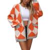 imageCHARTOU Women Oversized Sweater Diamond Checker Open Front Cardigan Loose Knitted TopsOrange