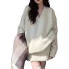 imageCHARTOU V Neck Knitted Sweater Skirt Sets Women 2 Piece Outfits Fuzzy Long Sleeve Pullover A Line Mini SkirtBeige