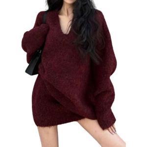 imageCHARTOU V Neck Knitted Sweater Skirt Sets Women 2 Piece Outfits Fuzzy Long Sleeve Pullover A Line Mini SkirtWine