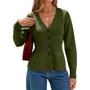 imageCHARTOU Women Button Up Cardigan Fitted Fall V Neck Dressy Sweater Knit Cinched Waist Tops Casual OutwearArmy