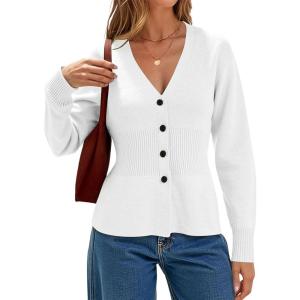 imageCHARTOU Women Button Up Cardigan Fitted Fall V Neck Dressy Sweater Knit Cinched Waist Tops Casual OutwearBeige