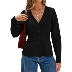 imageCHARTOU Women Button Up Cardigan Fitted Fall V Neck Dressy Sweater Knit Cinched Waist Tops Casual OutwearBlack