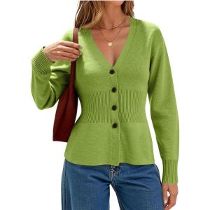 imageCHARTOU Women Button Up Cardigan Fitted Fall V Neck Dressy Sweater Knit Cinched Waist Tops Casual OutwearGreen