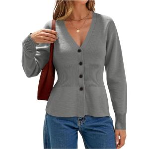 imageCHARTOU Women Button Up Cardigan Fitted Fall V Neck Dressy Sweater Knit Cinched Waist Tops Casual OutwearGrey