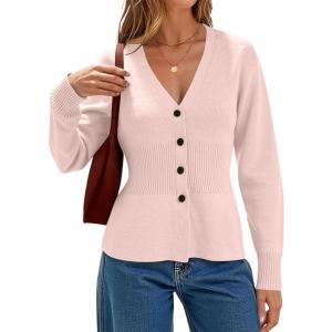 imageCHARTOU Women Button Up Cardigan Fitted Fall V Neck Dressy Sweater Knit Cinched Waist Tops Casual OutwearPink