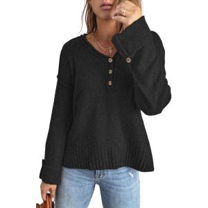 imageCHARTOU Women Chunky Knit Sweater Pullover Roll Up Long Sleeve Knitted Sweater Jersey JumperBlack