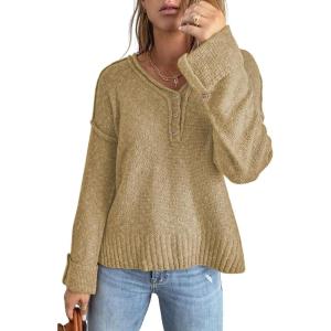 imageCHARTOU Women Chunky Knit Sweater Pullover Roll Up Long Sleeve Knitted Sweater Jersey JumperKhaki